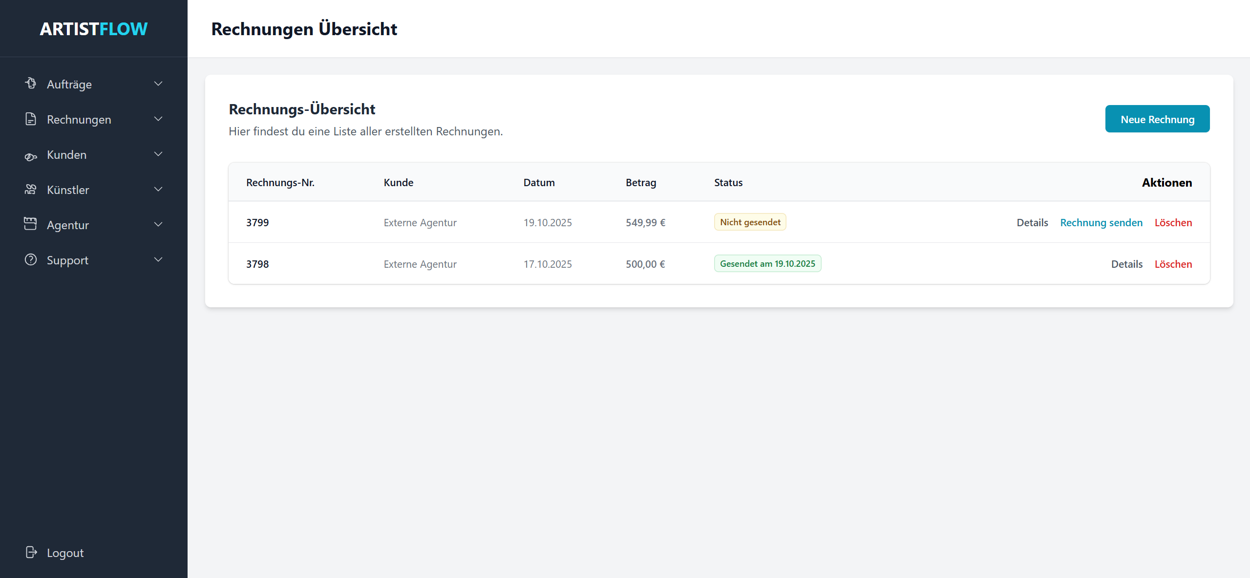 Screenshot der Auftragsübersicht